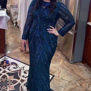 long sleeve heavily beaded dress. Color: Green/blue